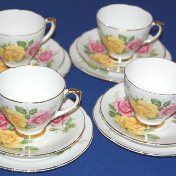 Vintage 12 Piece Pink and Yellow Roses Bone China Tea Set, Four Trios.