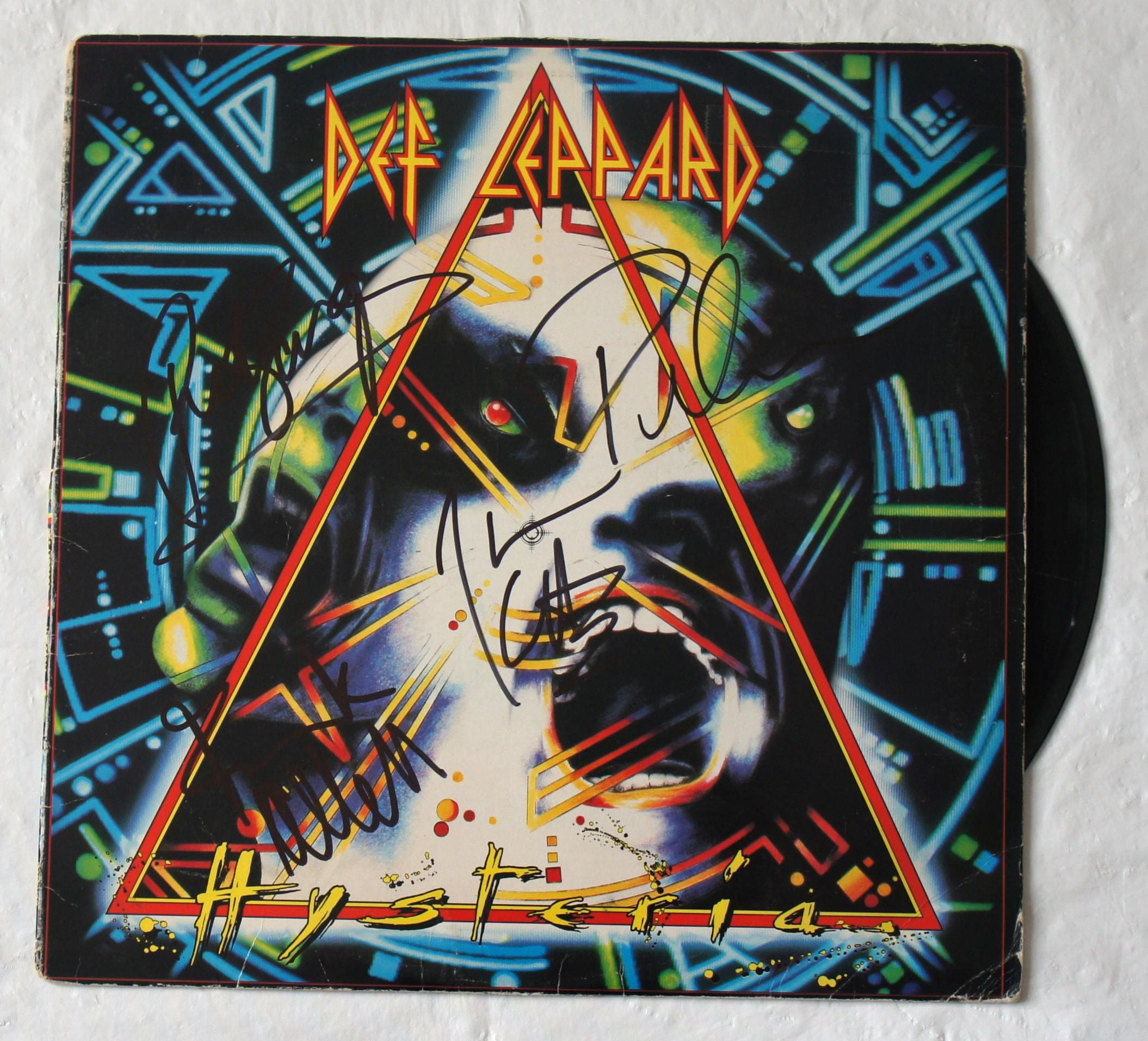 Def Leppard Signed Hysteria Album Cover Signed by 4 Very Rare