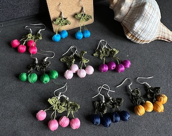 CHERRY OYA EARRING - Blue Color Earrings - Crochet Earrings - Turkish Drop Earring - Circle Style Earring - Fruit Earring