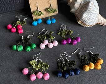 CHERRY OYA EARRING - Blue Color Earrings - Crochet Earrings - Turkish Drop Earring - Circle Style Earring - Fruit Earring