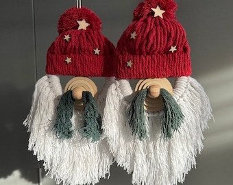 MACRAME GNOME FIGURE - Christmas Tree Decor - Handmade Angel - Star Tree Ornament - Red Mini Decoration - Cotton Christmas Gift