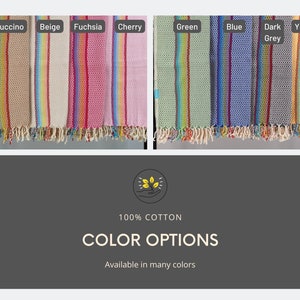 May include: A selection of colorful striped towels with fringe edges. The towels are made of 100% cotton and are available in a variety of colors, including cappuccino, beige, fuchsia, cherry, green, blue, dark grey, and yellow. The text "100% COTTON" and "COLOR OPTIONS" is displayed below the towels.