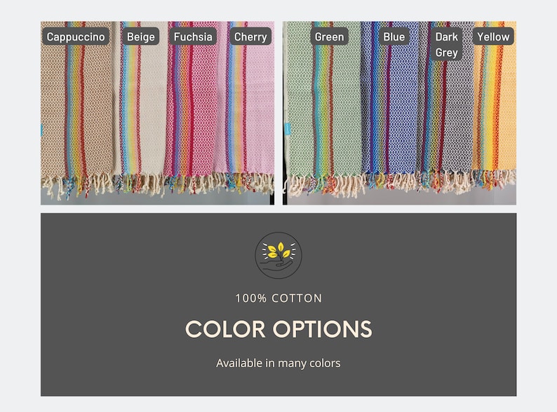 May include: A selection of colorful striped towels with fringe edges. The towels are made of 100% cotton and are available in a variety of colors, including cappuccino, beige, fuchsia, cherry, green, blue, dark grey, and yellow. The text "100% COTTON" and "COLOR OPTIONS" is displayed below the towels.