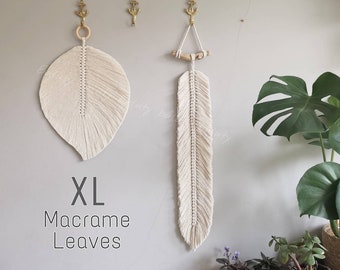 MACRAME LEAF WALLHANGER - Decoración de pared hecha a mano Xlarge - Colgante de armario - Decoración de pared grande - Regalo único de hoja de plumas