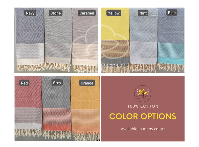May include: A collection of 100% cotton Turkish towels in various colors, including navy, stone, caramel, yellow, mint, blue, red, grey, and orange. The towels have a woven pattern and fringe edges. 100% COTTON COLOR OPTIONS Available in many colors