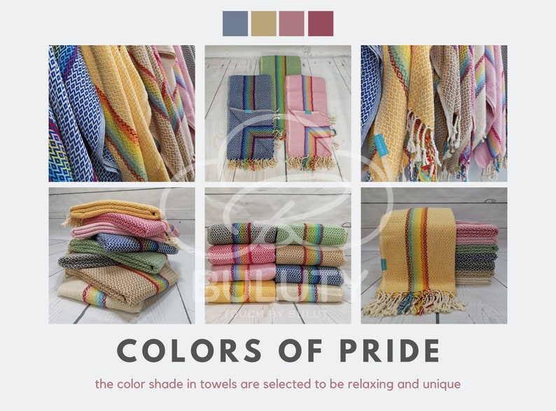 May include: A collection of colorful Turkish towels with rainbow stripes. The towels are made of cotton and are soft and absorbent. They are perfect for the beach, pool, or spa.