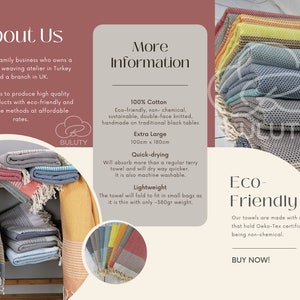 May include: A stack of colorful Turkish towels with a description of the product's features, including being eco-friendly, quick-drying, and lightweight. The text also mentions that the towels are made with materials that hold the Oeko-Tex certificate for being non-chemical. The text includes the phrase "Buy Now!"