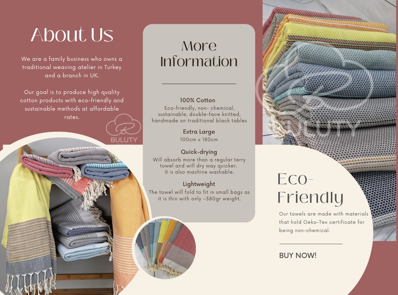 May include: A stack of colorful Turkish towels with a description of the product's features, including being eco-friendly, quick-drying, and lightweight. The text also mentions that the towels are made with materials that hold the Oeko-Tex certificate for being non-chemical. The text includes the phrase "Buy Now!"