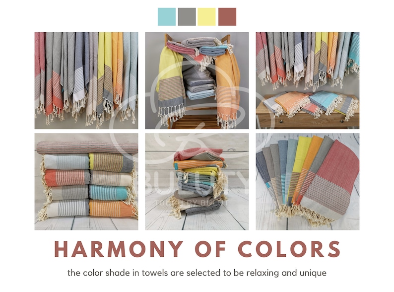 May include: A collection of colorful Turkish towels, displayed in various ways, with a variety of colors including red, orange, yellow, blue, and gray. The towels are made of cotton and have a fringed edge. The image includes the text "HARMONY OF COLORS" and "the color shade in towels are selected to be relaxing and unique".