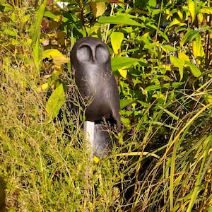 Owl on stick, ceramic sculpture Raku