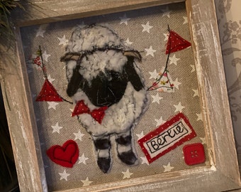 Framed textile valais blacknose sheep lamb portrait Personalised livestock/ farm gift. Swiss valais blacknose sheep