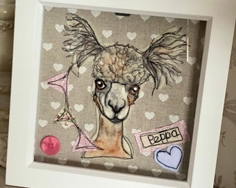 Framed textile alpaca/ llama portrait Personalised livestock/ farm gift. Pet portrait.