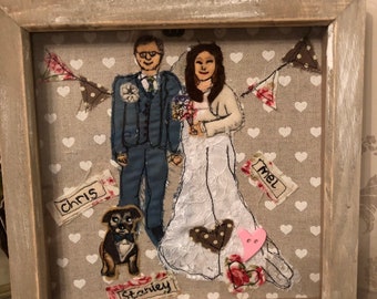 Framed Wedding picture using appliqué. Handmade to order. Bespoke Wedding gift. Textile wedding picture. Anniversary gift. Hen night gift.