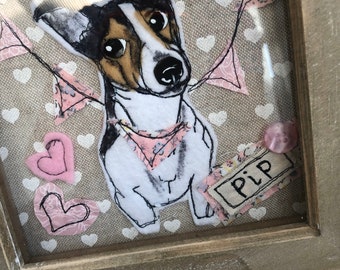 framed jack russell/ long haired jack Russell textile picture. Personalised Dog lovers gift. Pet memorial pic. Dog gift