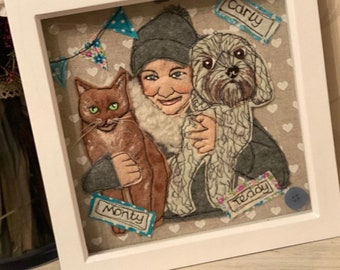 Framed textile family portrait with pets included. 13” framed. Dog and human portrait. Pet lovers gift.