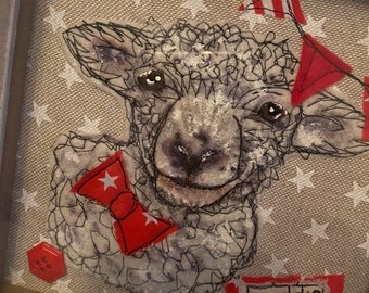 Framed textile sheep/lamb portrait Personalised livestock/ farm gift. Pet memorial picture.