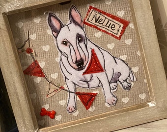 English bull terrier/ bully framed textilepicture. Personalised pet picture. Dog lovers gift. Pet memorial.