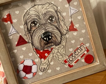 Framed textile dog footballer supporter framed handmade fabric and stitch portrait. 8”portrait