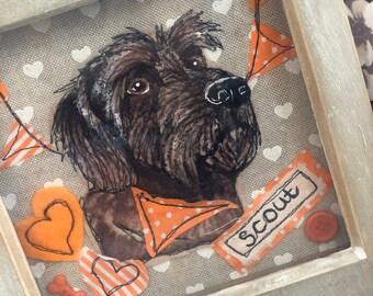 cockapoo/ cavapoo/ labradoodle/ golden doodle framed textile picture. Dog lovers gift. Personalised dog picture.