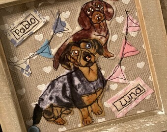Framed miniature dachshund textile picture. Personalised dog picture. Dog lovers gift. Pet memorial.  Dachshund.