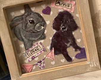 Framed pet textile portrait. Personalised animal picture. Animal lovers gift. Pet memorial.