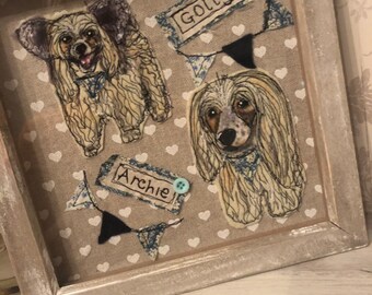 Textile chinese crested powderpuff textile portrait. Framed dog picture. Dog lovers gift. Personalised. Pet memorial