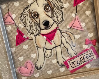 Framed cocker spaniel textile picture. Springer spaniel/working cocker/. Dog lovers gift.