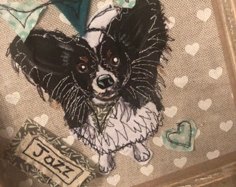 Framed textile papillon dog textile portrait. Dog lovers gift. Pet Memorial picture.