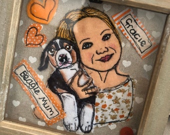 Framed pet owner and pet portrait picture. Personalised animal lovers gift. Dog. Cat. Rabbit. Pet. 8” framed fabric and stitch portrait