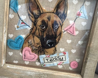 German shepherd dog textile framed picture. Personalised pet picture. Dog lovers gift. Pet memorial.