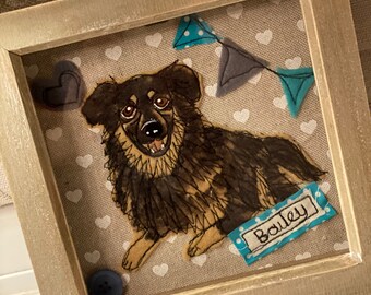 Framed dog textile portrait. Personalised pet picture. Dog lovers gift. Pet memorial.
