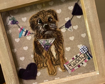 Framed textile border terrier picture. Personalised Dog lovers gift. Pet memorial picture.