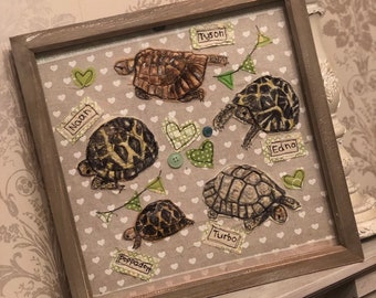 framed textile tortoise portrait. Personalised tortoise/ turtle picture. Tortoise lovers gift. Pet memorial. Textile picture