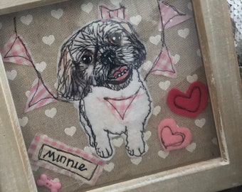 Framed textile Shih Tzu/ Lhasa apso picture. Personalised Dog lovers gift. Pet memorial pic