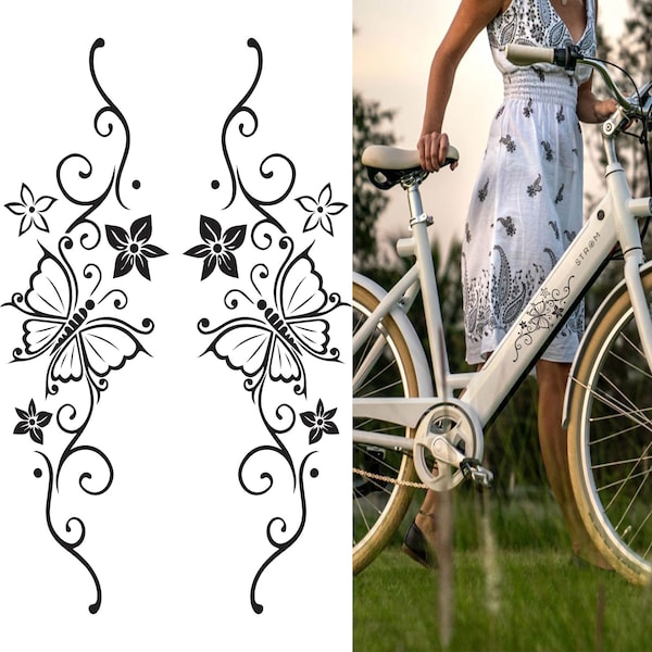 lustige dekorative Fahrrad Aufkleber, Blumen und Schmetterlinge, Fahrrad Aufkleber.