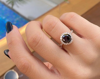 2.90 Carat Black Diamond Engagement Promise Ring, Natural White Diamonds Halo, 14k Rose Gold, Big Black Diamond Alternative Engagement Ring