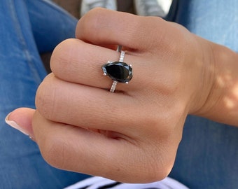 Big Black Diamond Solitaire Ring, Pear Shape Diamond Engagement Ring, Black Diamond Promise Ring, 14K White Gold