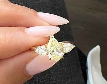 Three Pear Shape Diamond Lab Created Ring, Fancy Yellow Pear Shape Center Diamond Lab Grown Engagement Ring, 3 Stone Diamond Ring, 14k Gold