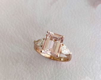 Natural Morganite Engagement Ring, Emerald Cut Morganite Ring, Real Morganite Ring with 2 Tear Drop Natural Diamonds in 14k Rose Gold,