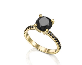 2.35 Carat Black Diamond Engagement Ring, Black Diamond Promise Ring, Set with Black Side Diamonds in 14k Yellow Gold In Pave Setting