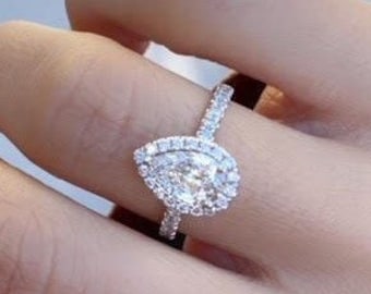 Stunning 1 Carat Pear Shape Engagement Ring - Handmade Jewelry Gift for Her with Top Quality Lab Grown Diamond Halo