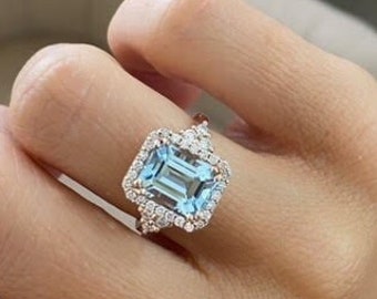 Aquamarine Ring, Big 2.07 Ct Emerald Cut Fancy AquaMarine Ring, 14k Rose Gold Aquamarine Engagement Ring, Set with 0.50Ct White Diamond Halo