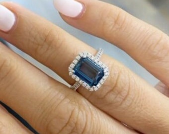 Wunderschöner natürlicher Blautopas-Ring, Blautopas-Verlobungsring, Blautopas und Diamanten-Halo, 14 Karat Weißgold, kostenloser Versand Blautopas-Ring