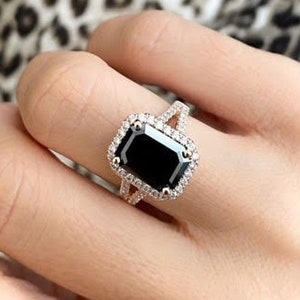 Big 5.19 Carat Emerald Cut Natural Black Diamond Engagement Ring With 2 Lines Of Colorless Diamonds, Each Side and Diamond Halo, 14k Gold image 2