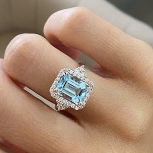 Aquamarine Ring, Big 2.07 Ct Emerald Cut Fancy AquaMarine Ring, 14k Rose Gold Aquamarine Engagement Ring, Set with 0.50Ct White Diamond Halo