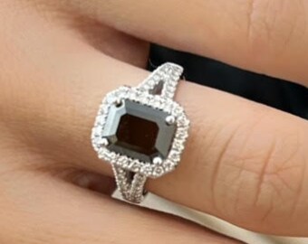 Emerald Black Engagement Ring, 2.70 Carat Black Diamond Ring, Halo Engagement Ring, Emerald Diamond Ring 14k White Gold, Black Promise Ring
