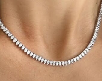 Pear Shape Diamond Tennis Collier, 15 Carat Teardrop Lab Diamond Tennis Necklace, Top Quality Teardrop Cut Lab Diamond Tennis Chain,14K Gold