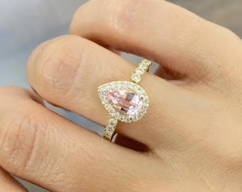 Pink Pear Shape Morganite Statement Ring, Halo and Bezel Setting Band, 14k Yellow Gold, Morganite Engagement Ring