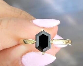 Black Hexagon Shape Diamond Engagement Ring, 1.93 Carat Solitaire Black Diamond In 14k Solid Yellow Gold, Extra Chic!