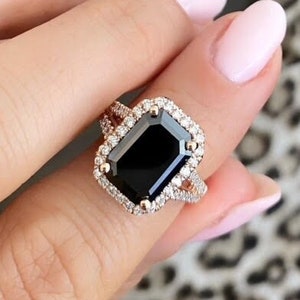 Big 5.19 Carat Emerald Cut Natural Black Diamond Engagement Ring With 2 Lines Of Colorless Diamonds, Each Side and Diamond Halo, 14k Gold image 1